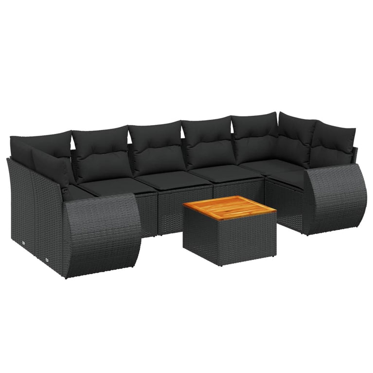 8-delige Loungeset met kussens poly rattan zwart