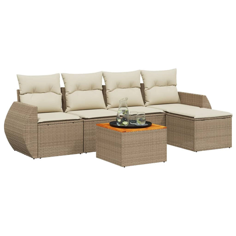 6-delige Loungeset met kussens poly rattan beige