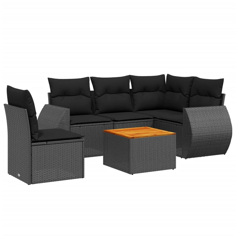 6-delige Loungeset met kussens poly rattan zwart