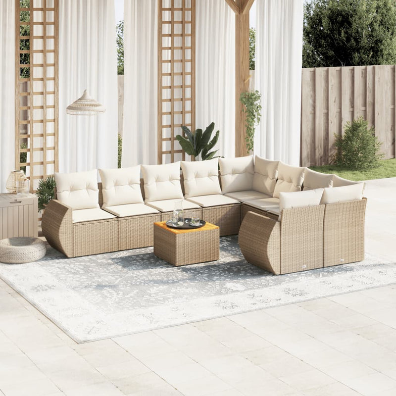 10-delige Loungeset met kussens poly rattan beige