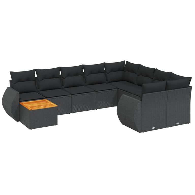 10-delige Loungeset met kussens poly rattan zwart