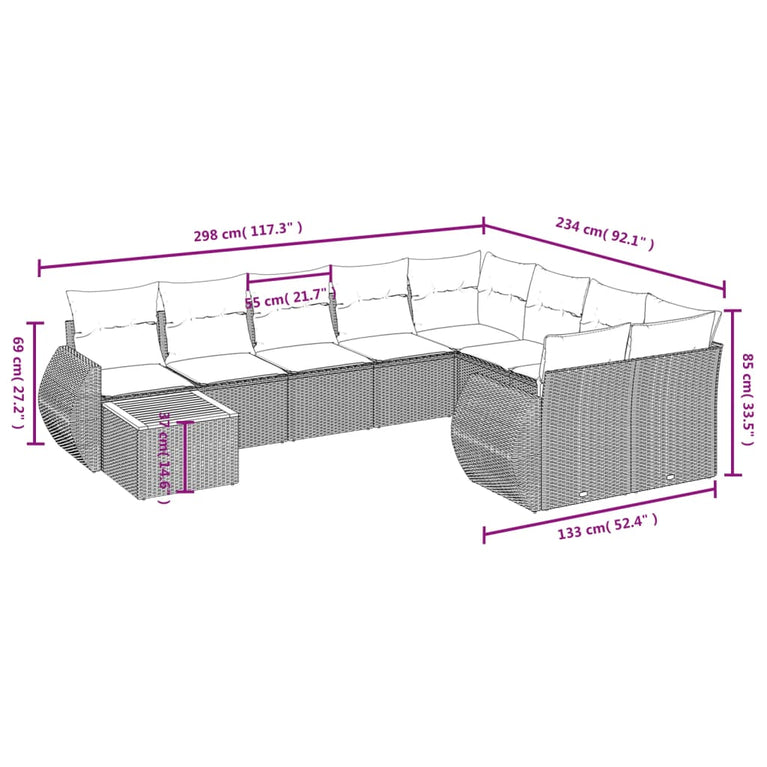 10-delige Loungeset met kussens poly rattan beige