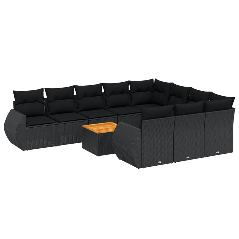 11-delige Loungeset met kussens poly rattan zwart