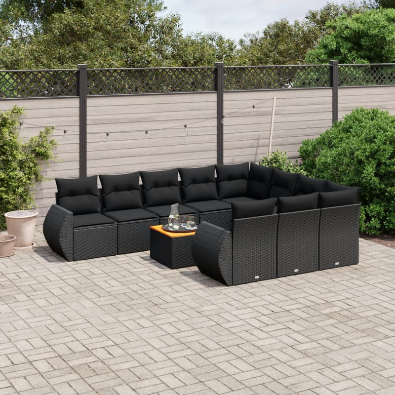 11-delige Loungeset met kussens poly rattan zwart
