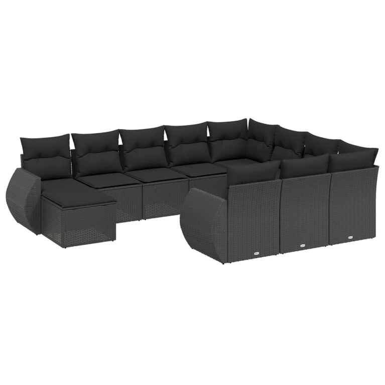 11-delige Loungeset met kussens poly rattan zwart