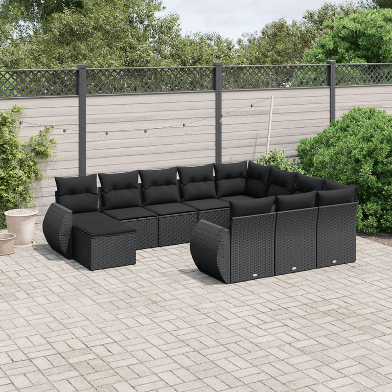 11-delige Loungeset met kussens poly rattan zwart