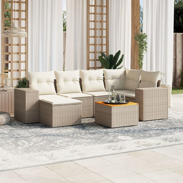 7-delige Loungeset met kussens poly rattan beige