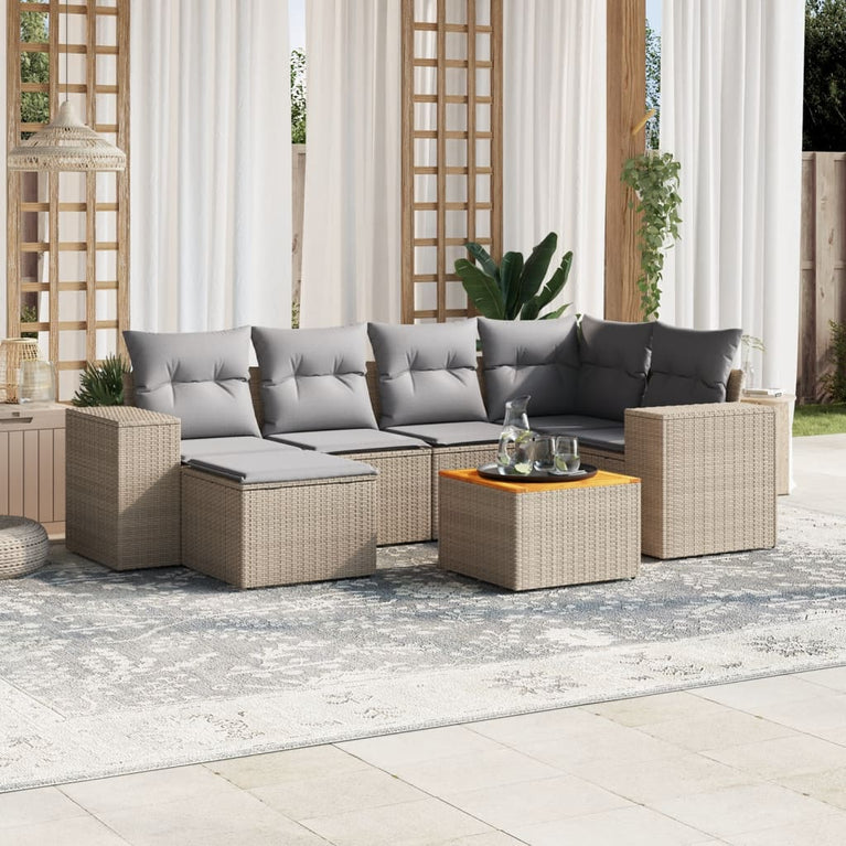 7-delige Loungeset met kussens poly rattan beige