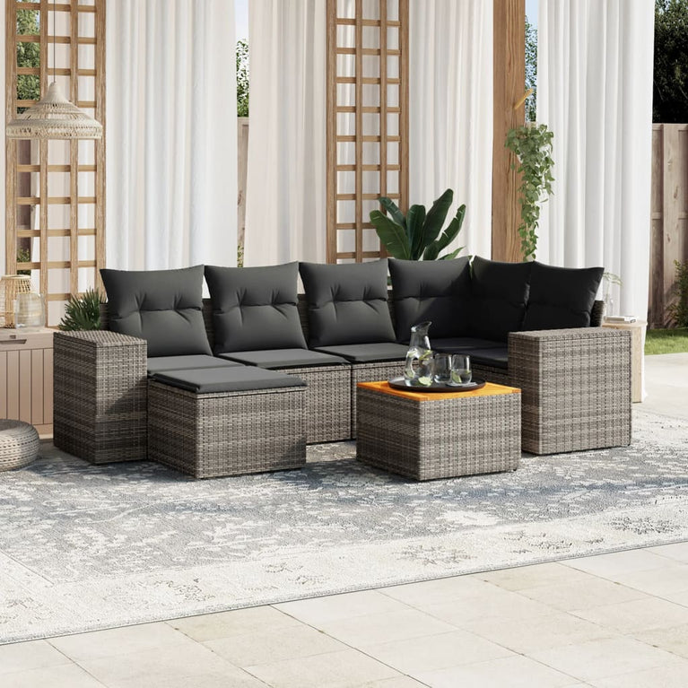 7-delige Loungeset met kussens poly rattan grijs