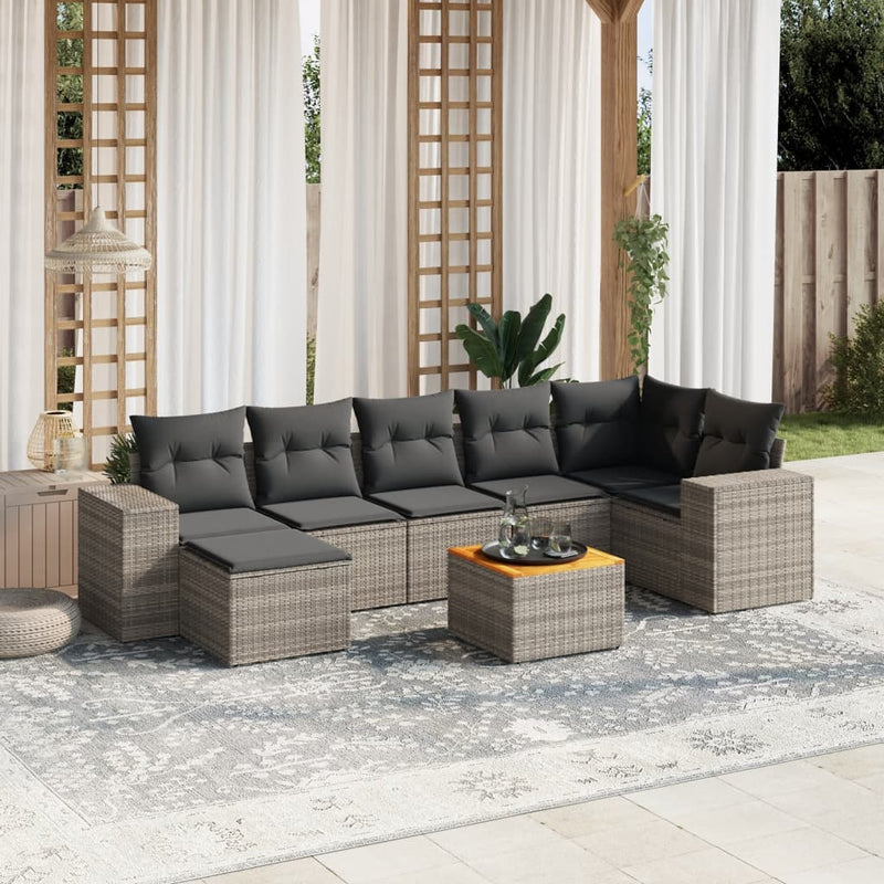 8-delige Loungeset met kussens poly rattan grijs