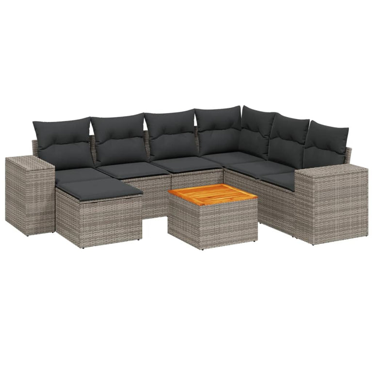 8-delige Loungeset met kussens poly rattan grijs