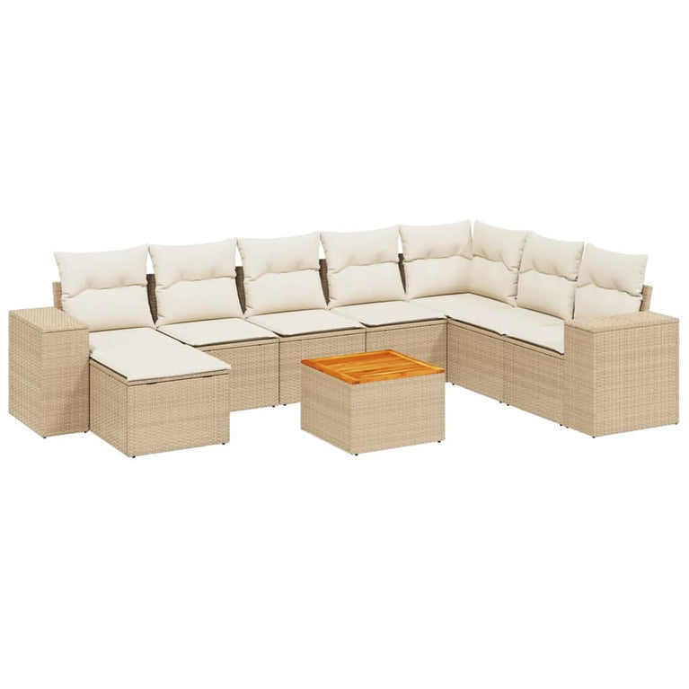 9-delige Loungeset met kussens poly rattan beige