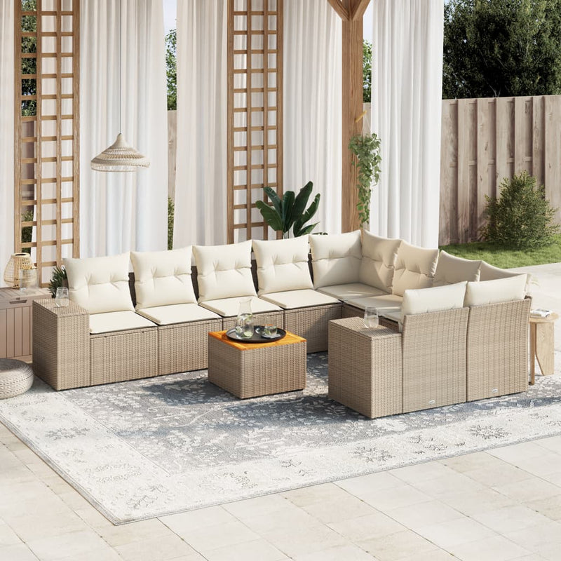 10-delige Loungeset met kussens poly rattan beige