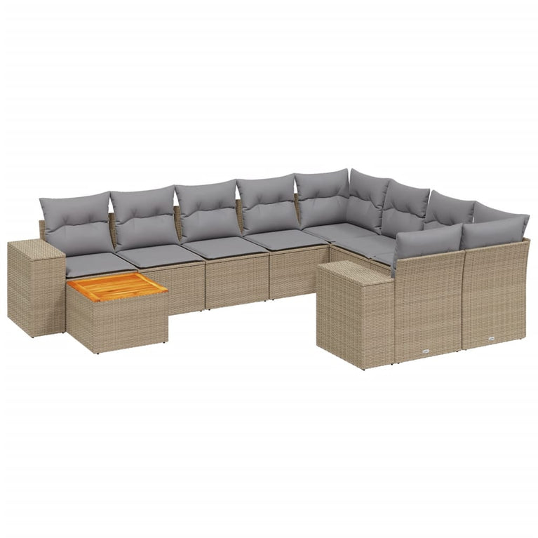 10-delige Loungeset met kussens poly rattan beige