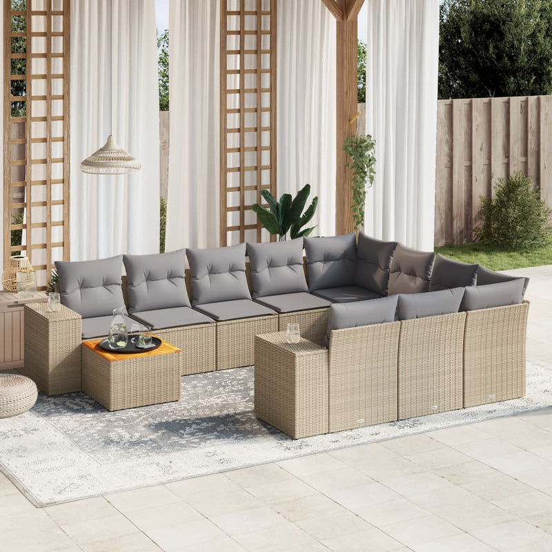 11-delige Tuinset met kussens poly rattan beige