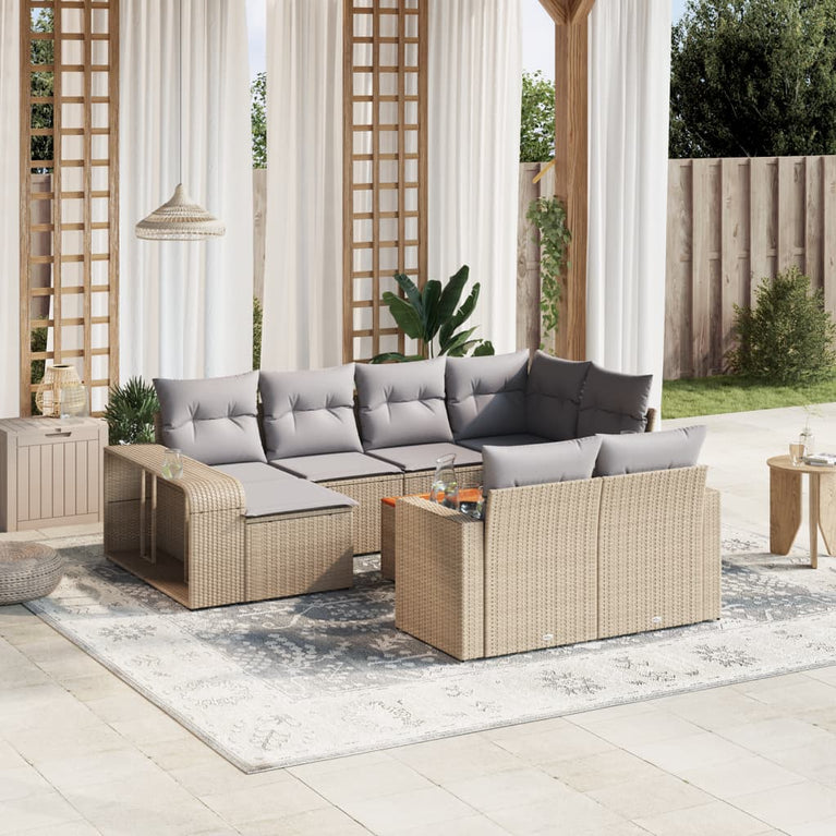 11-delige Tuinset met kussens poly rattan beige