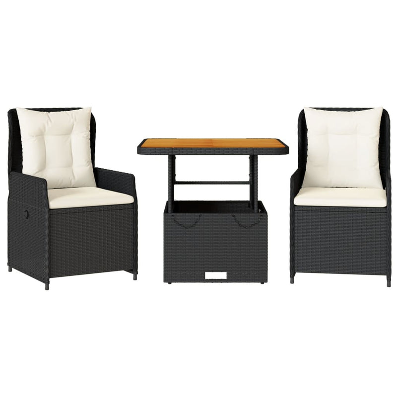 3-delige Bistroset met kussens poly rattan zwart