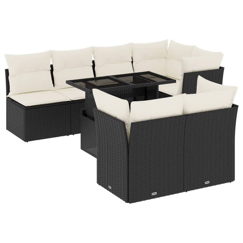 8-delige Loungeset met kussens poly rattan zwart