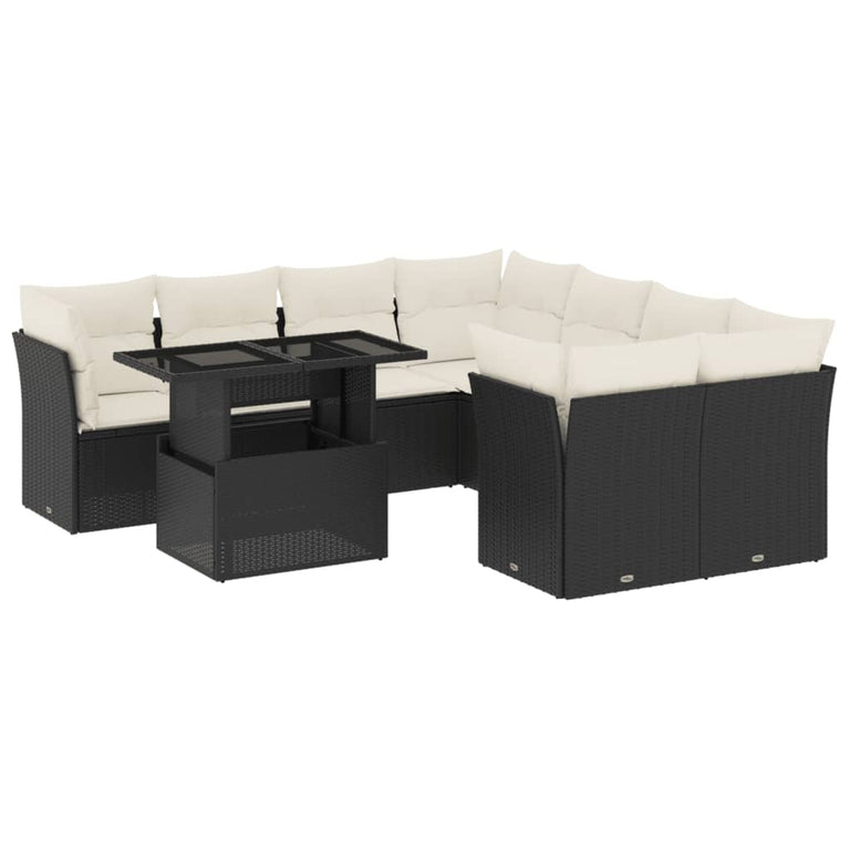 9-delige Loungeset met kussens poly rattan zwart