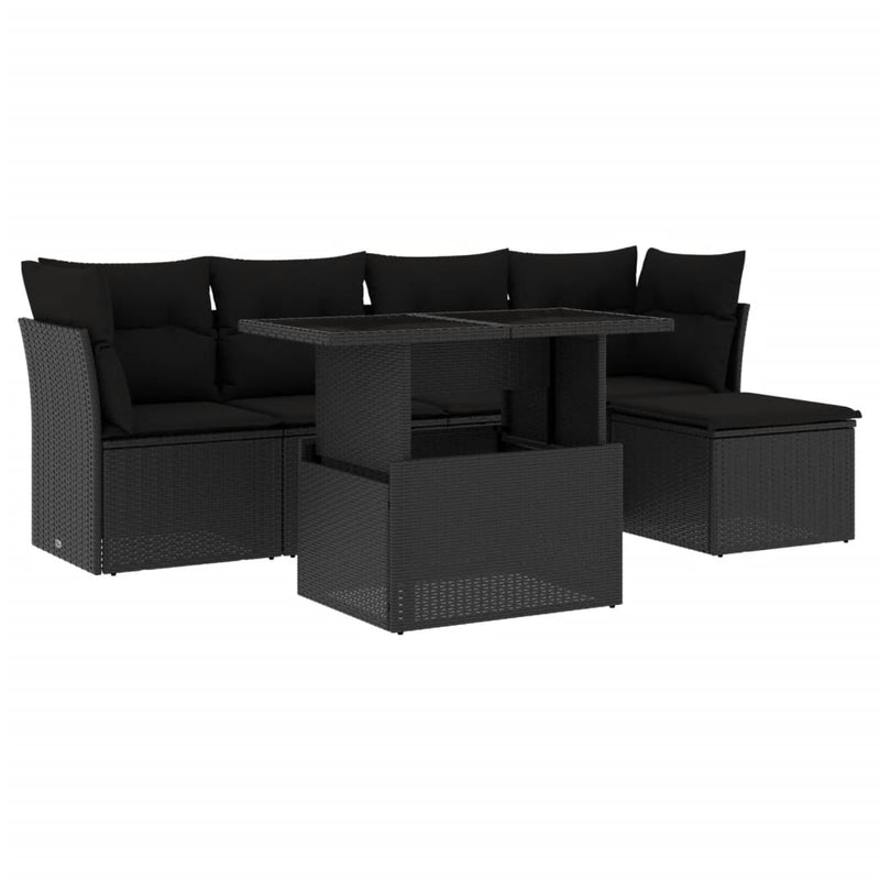 6-delige Loungeset met kussens poly rattan zwart
