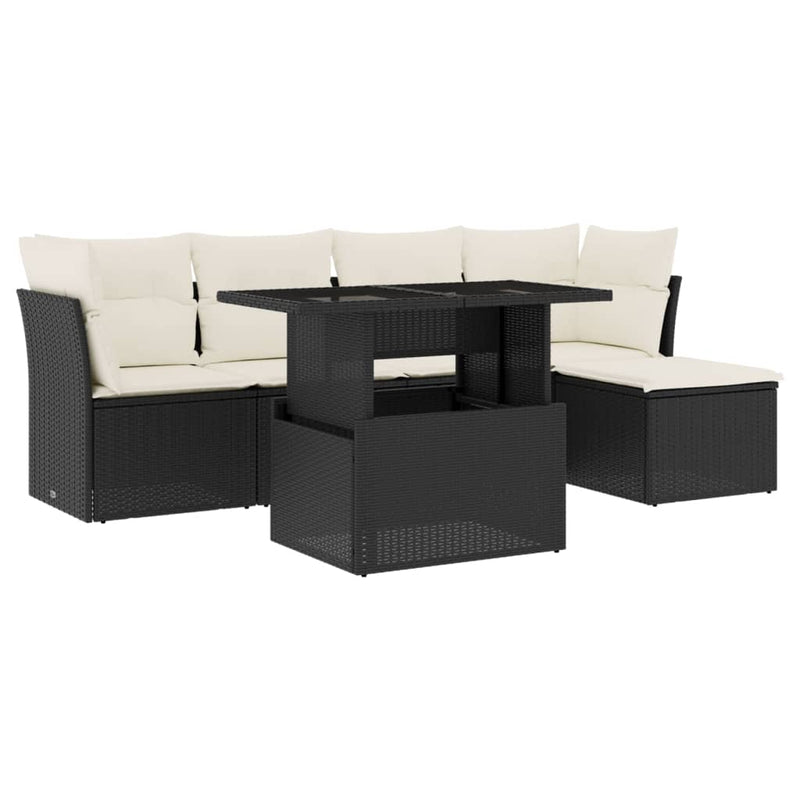 6-delige Loungeset met kussens poly rattan zwart