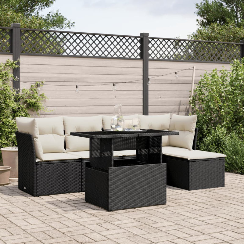 6-delige Loungeset met kussens poly rattan zwart
