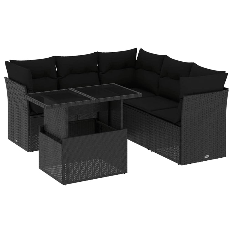 6-delige Loungeset met kussens poly rattan zwart