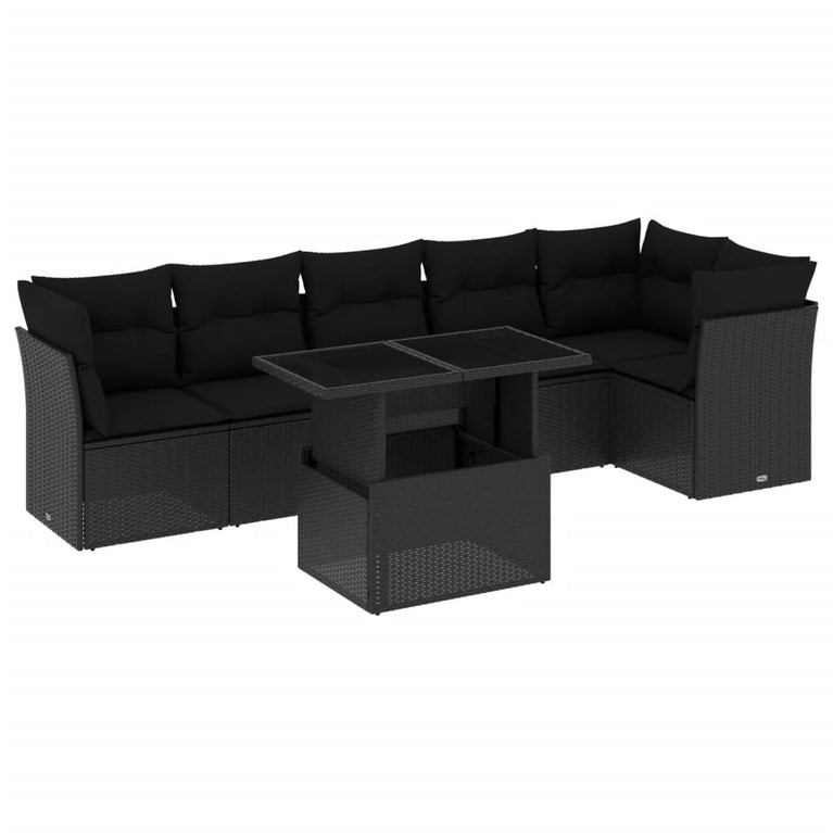 7-delige Loungeset met kussens poly rattan zwart