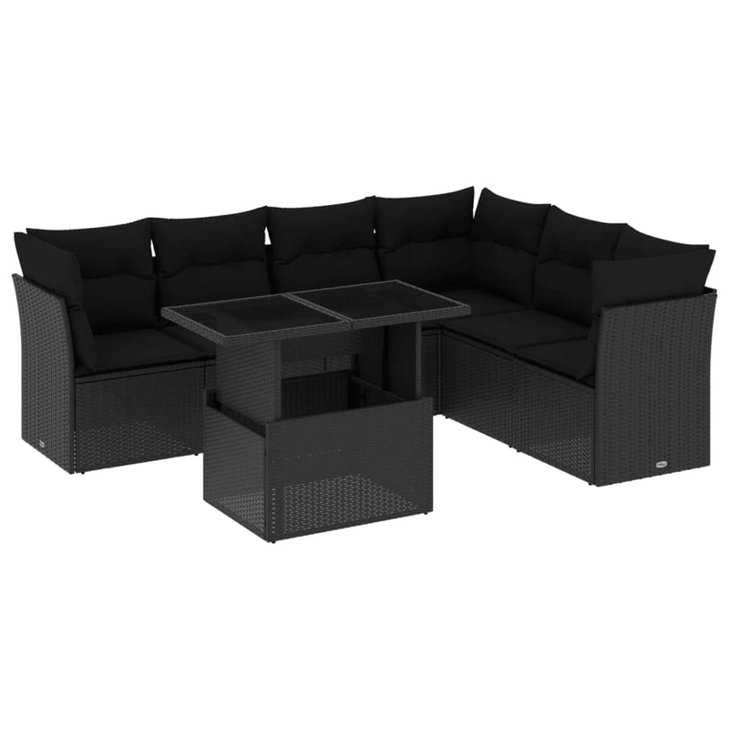 7-delige Loungeset met kussens poly rattan zwart