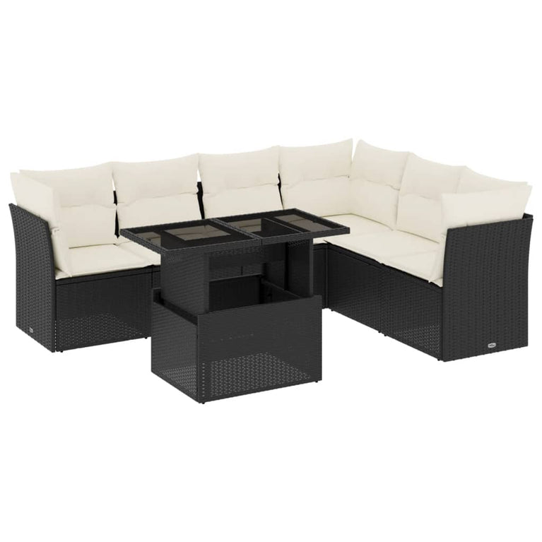 7-delige Loungeset met kussens poly rattan zwart