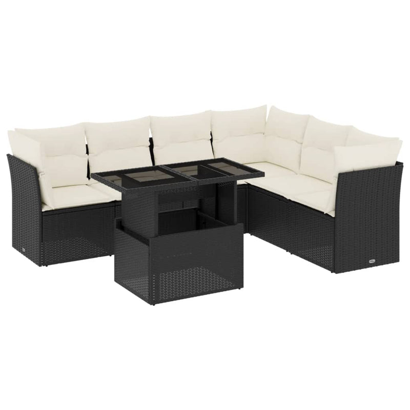 7-delige Loungeset met kussens poly rattan zwart
