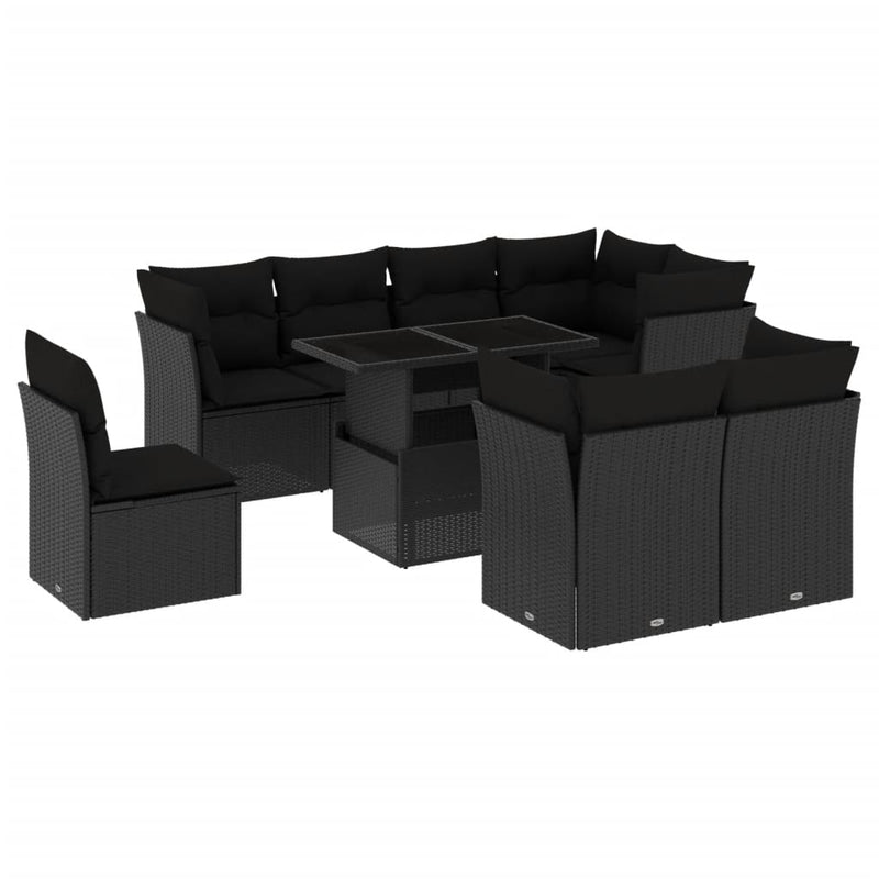 9-delige Loungeset met kussens poly rattan zwart