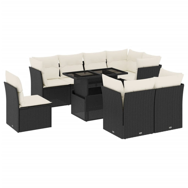 9-delige Loungeset met kussens poly rattan zwart