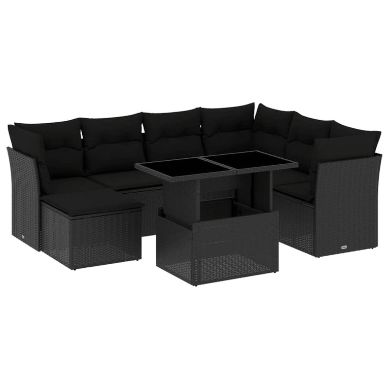 8-delige Loungeset met kussens poly rattan zwart
