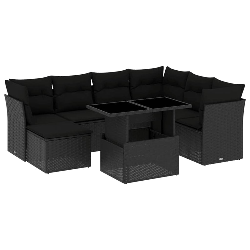 8-delige Loungeset met kussens poly rattan zwart