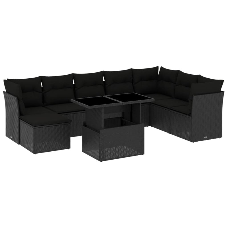 9-delige Loungeset met kussens poly rattan zwart