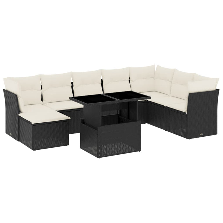 9-delige Loungeset met kussens poly rattan zwart