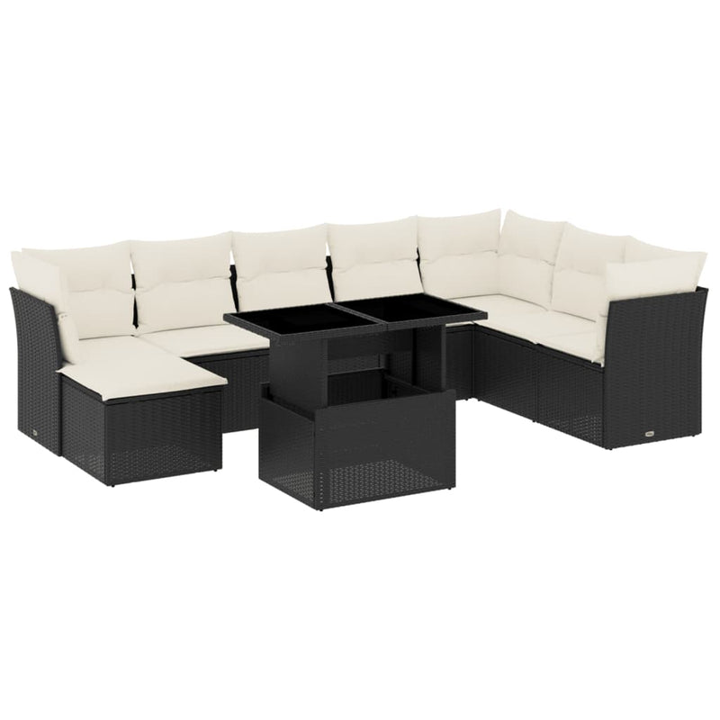 9-delige Loungeset met kussens poly rattan zwart