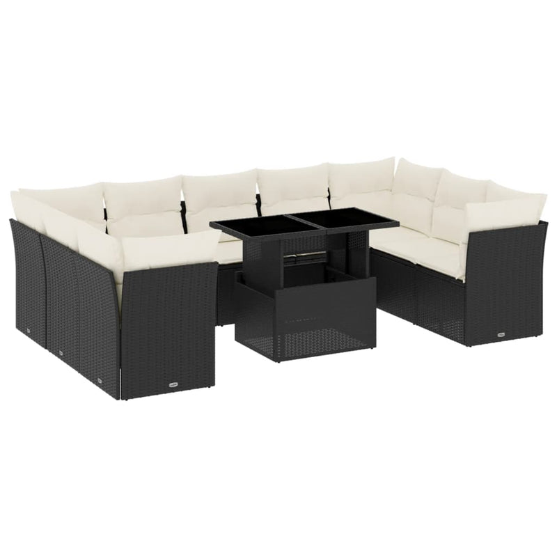 10-delige Loungeset met kussens poly rattan zwart