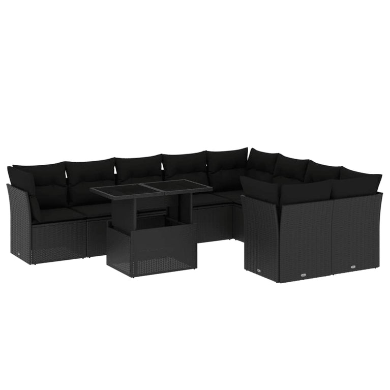 10-delige Loungeset met kussens poly rattan zwart