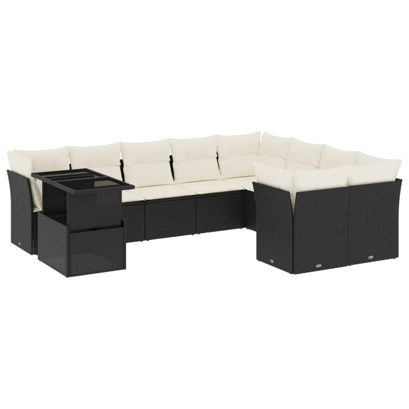 10-delige Loungeset met kussens poly rattan zwart
