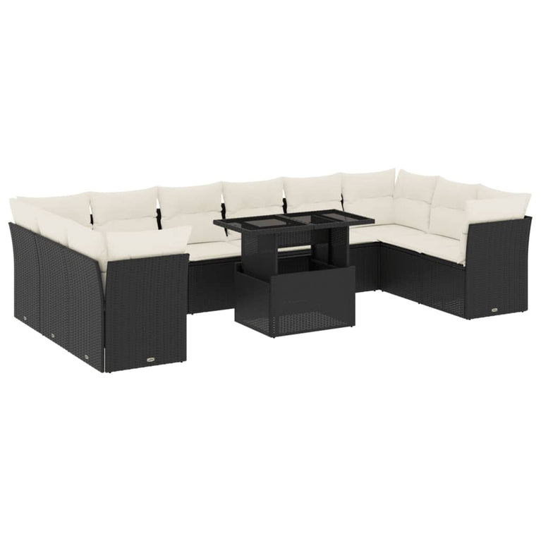 11-delige Loungeset met kussens poly rattan zwart