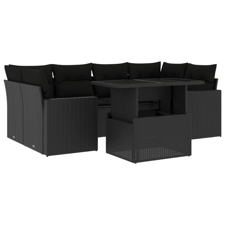 7-delige Loungeset met kussens poly rattan zwart