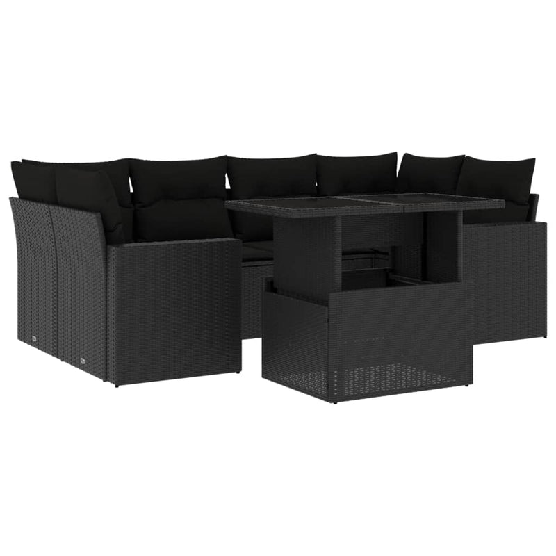 7-delige Loungeset met kussens poly rattan zwart