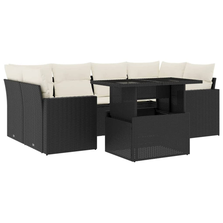 7-delige Loungeset met kussens poly rattan zwart