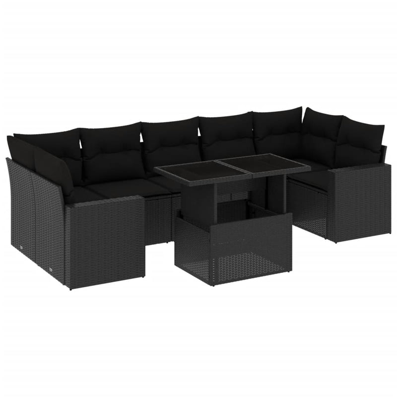 8-delige Loungeset met kussens poly rattan zwart