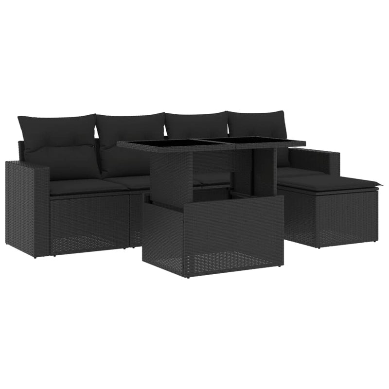 6-delige Loungeset met kussens poly rattan zwart