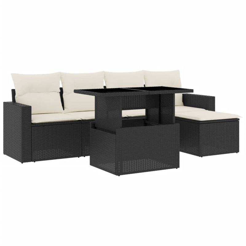 6-delige Loungeset met kussens poly rattan zwart