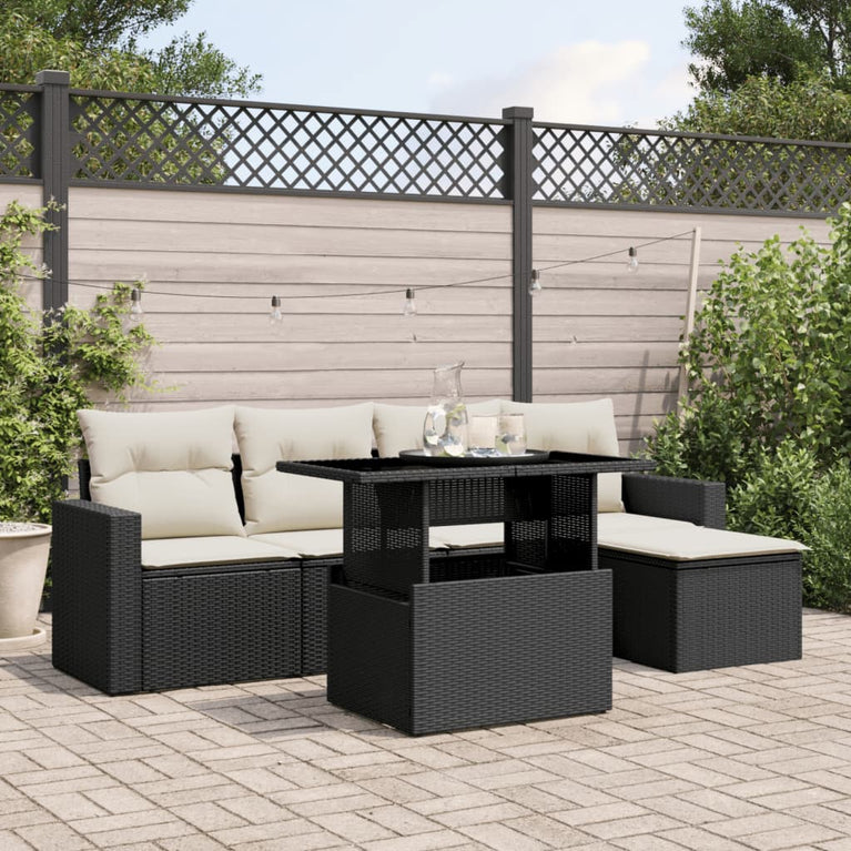 6-delige Loungeset met kussens poly rattan zwart
