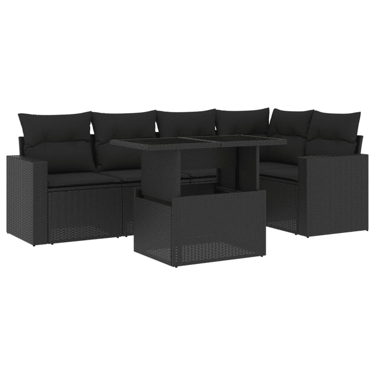 6-delige Loungeset met kussens poly rattan zwart